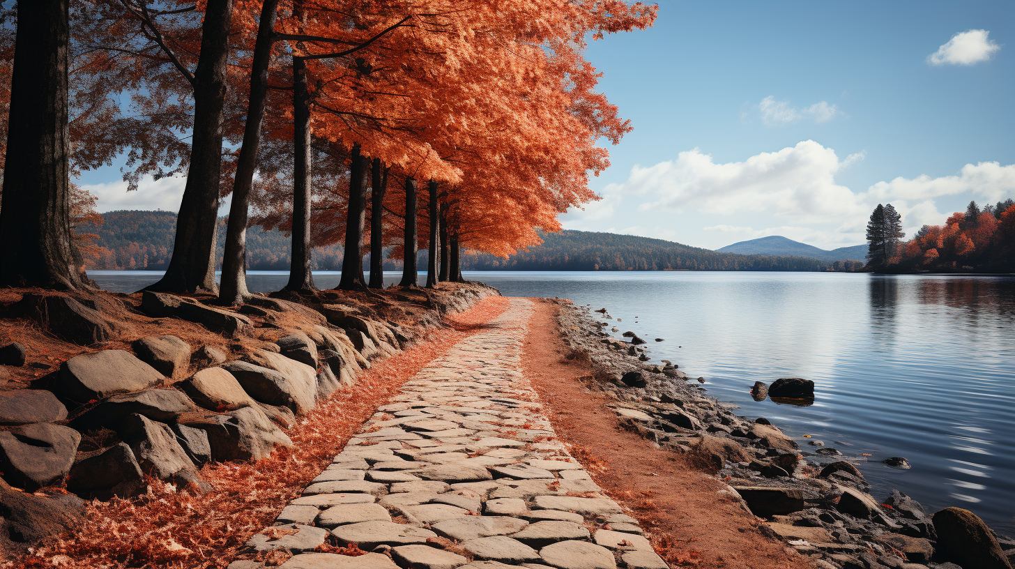 Abstract cobblestone path around mountain lake