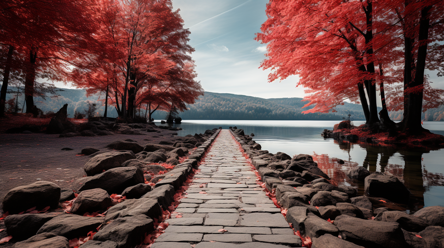 Beautiful cobblestone path surrounding a mountain lake