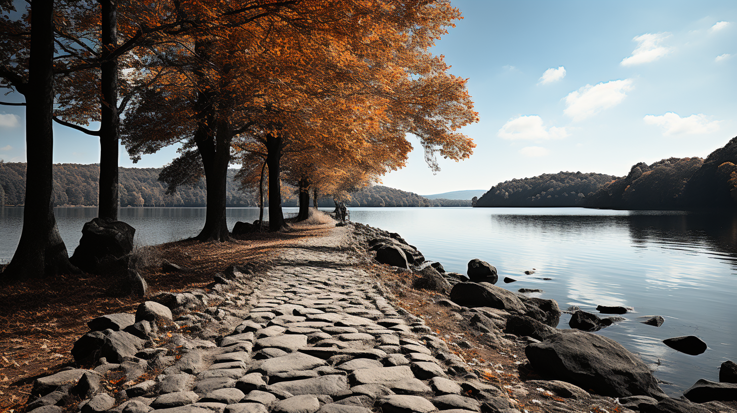 Cobblestone path around mountain lake