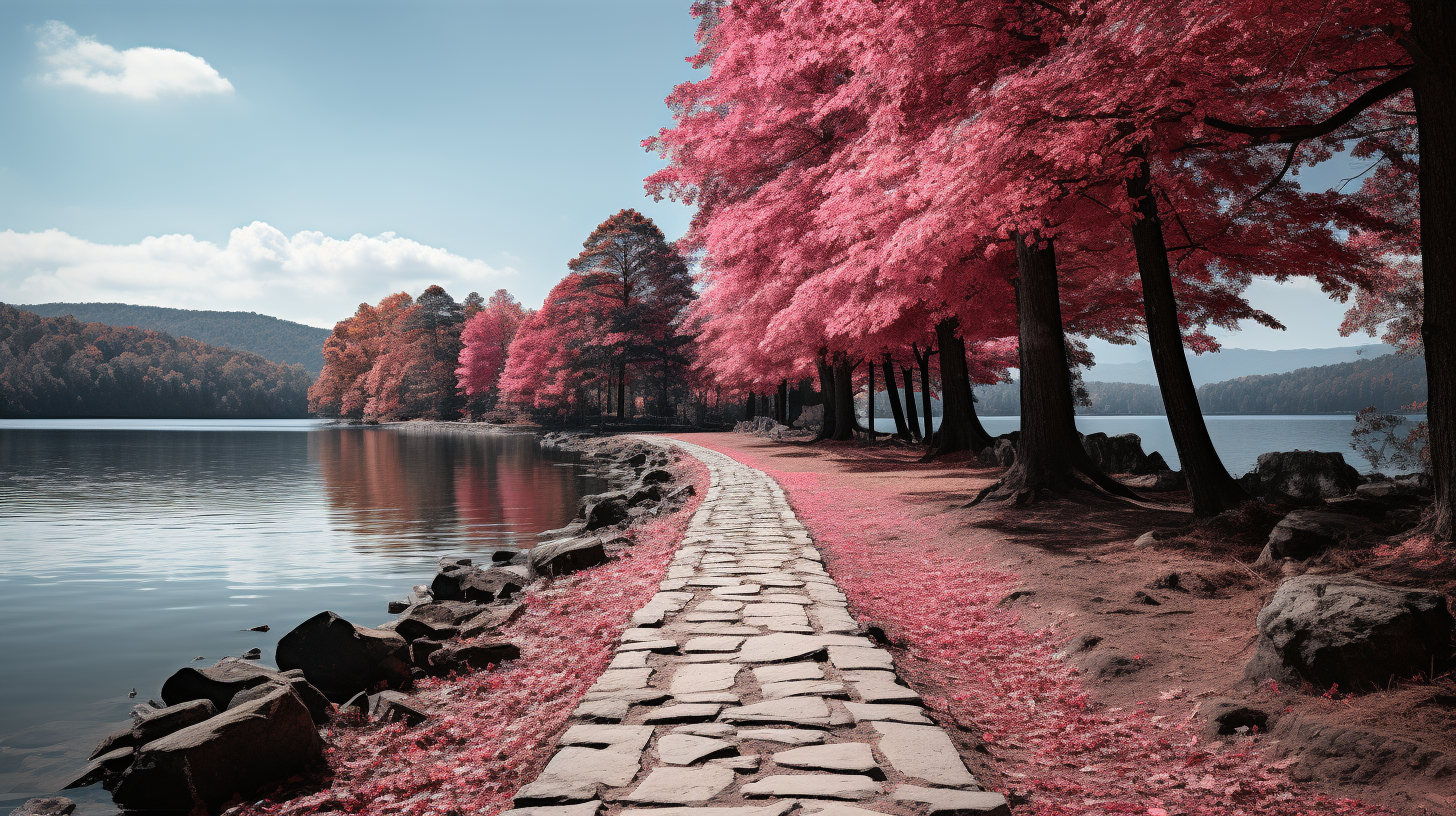 Beautiful cobblestone path around mountain lake