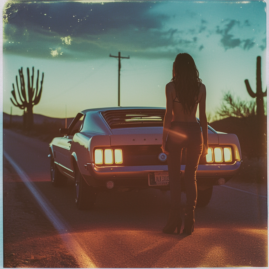 American woman with 1970 Cobra Mustang in Arizona desert