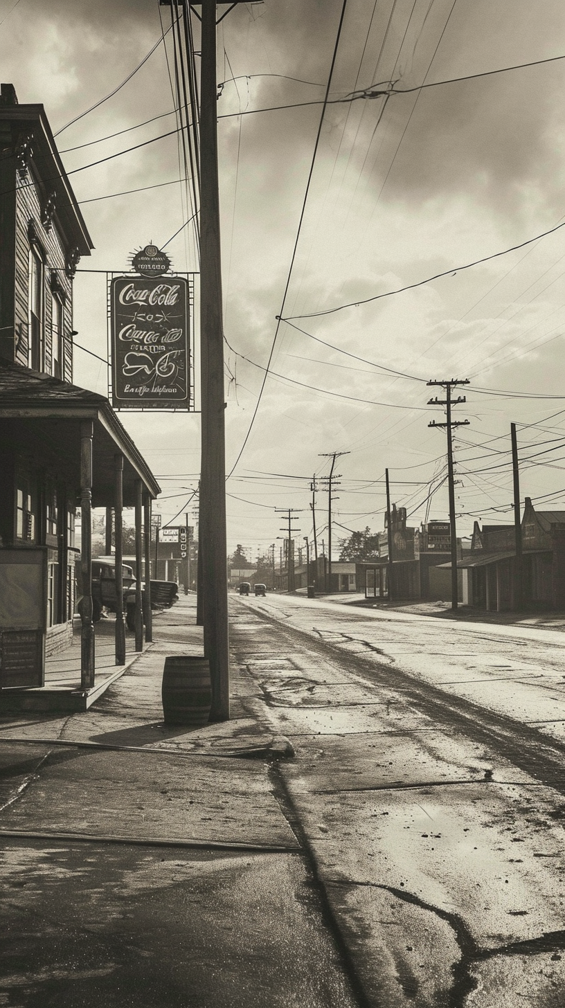 Black and white photo of a Coca-Cola billboard in a small town street