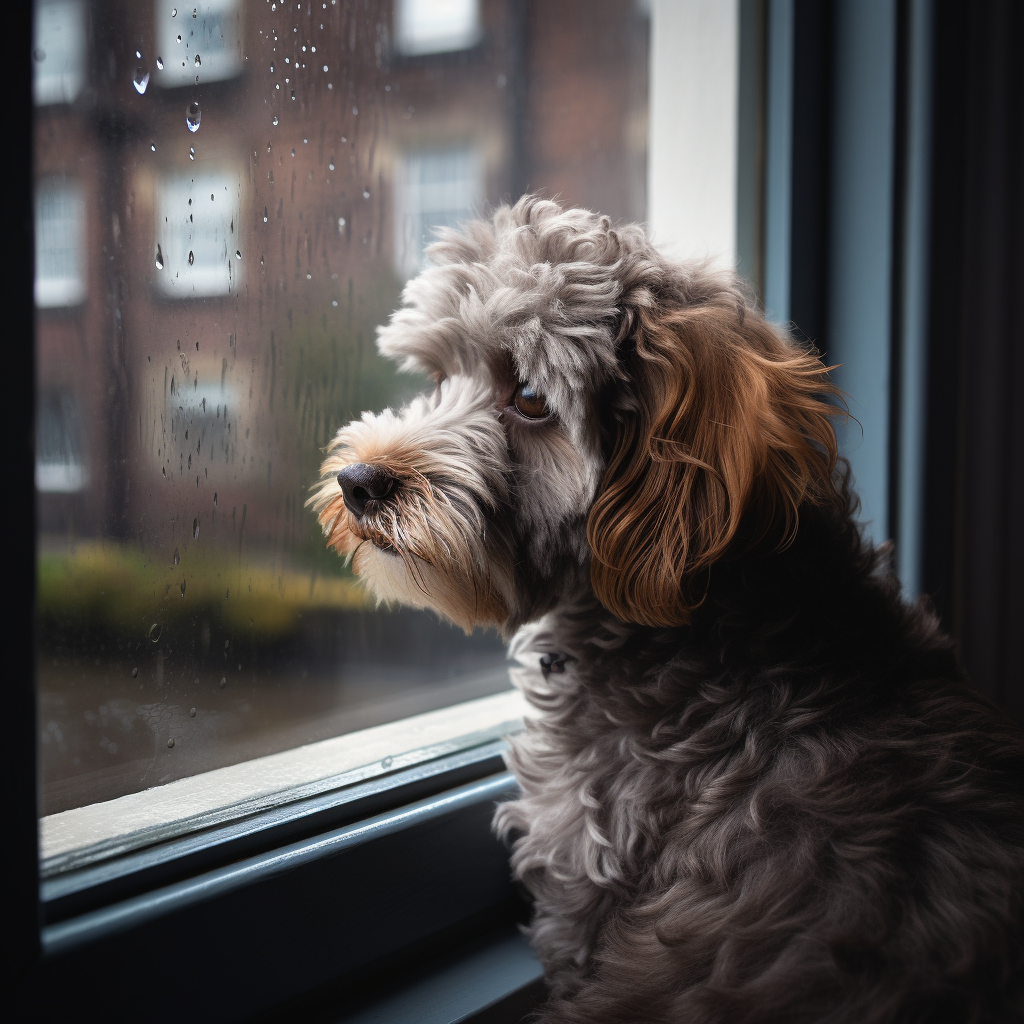 Cute cockapoo looking out window