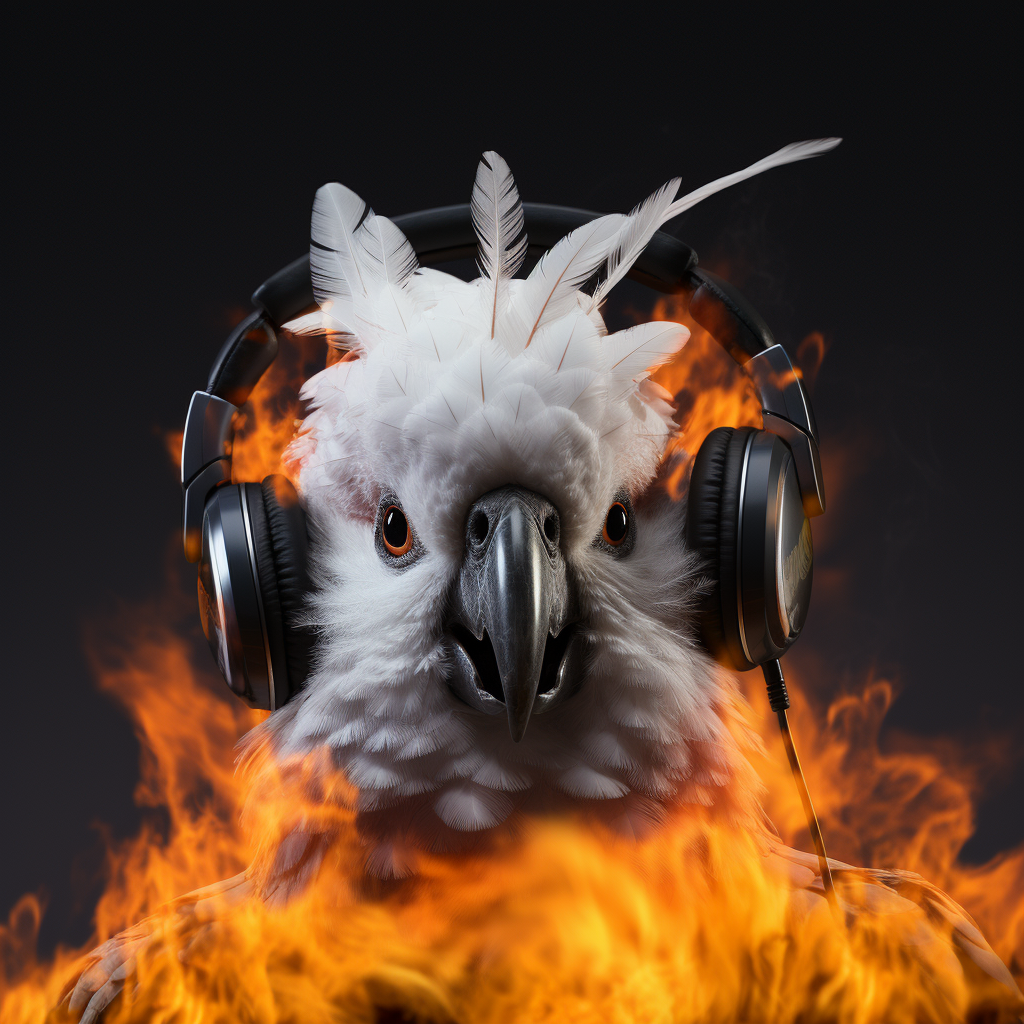 Playful Cockatoo with Headphones on Fire