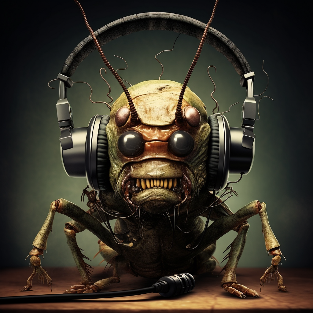 Cockroach wearing headphones in Tim Burton style