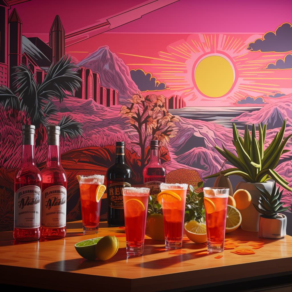 Cocktails and Beer Bottles on Bar Top with Neon Pink Wall