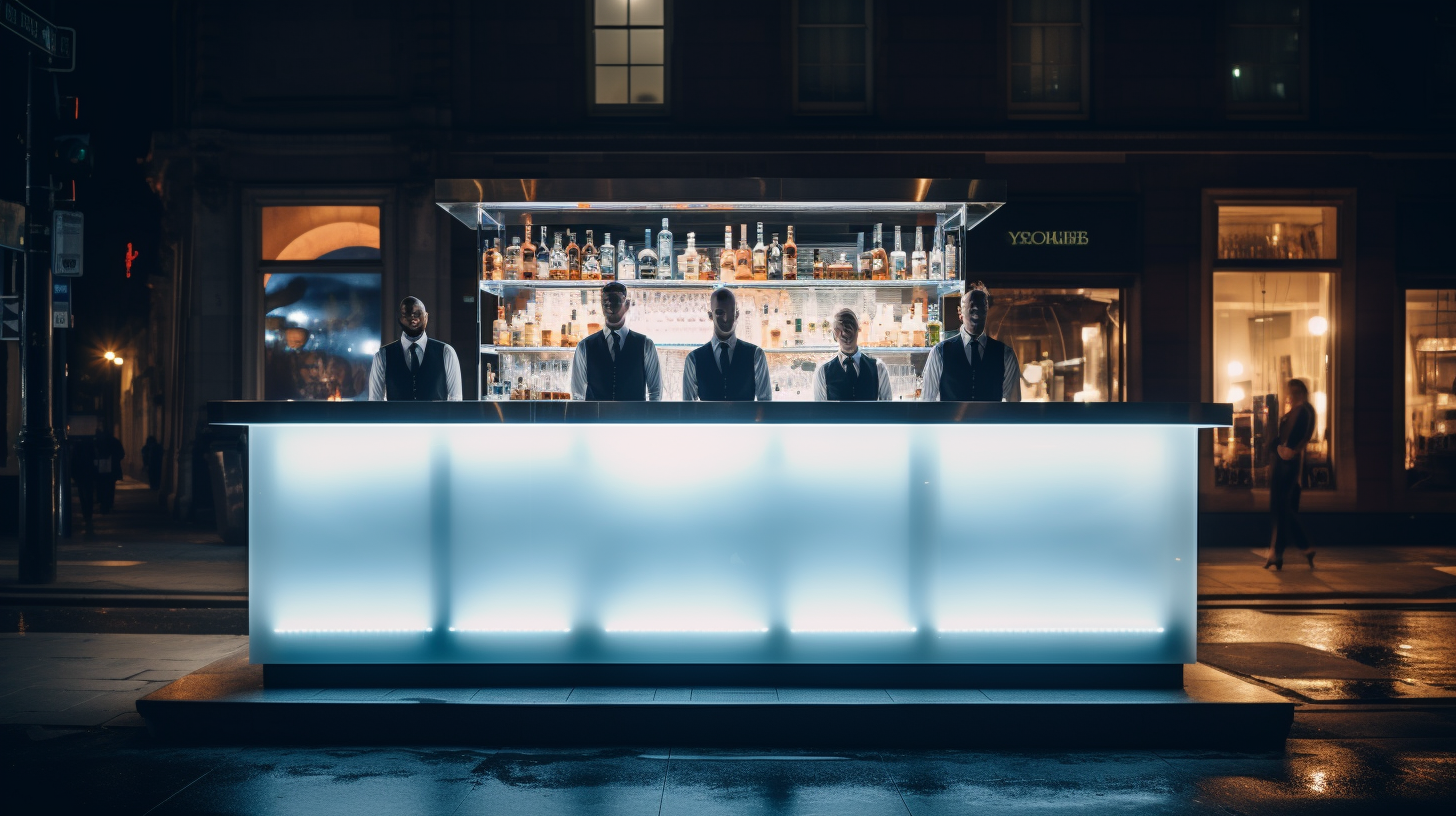 Three bartenders behind a sleek cocktail counter