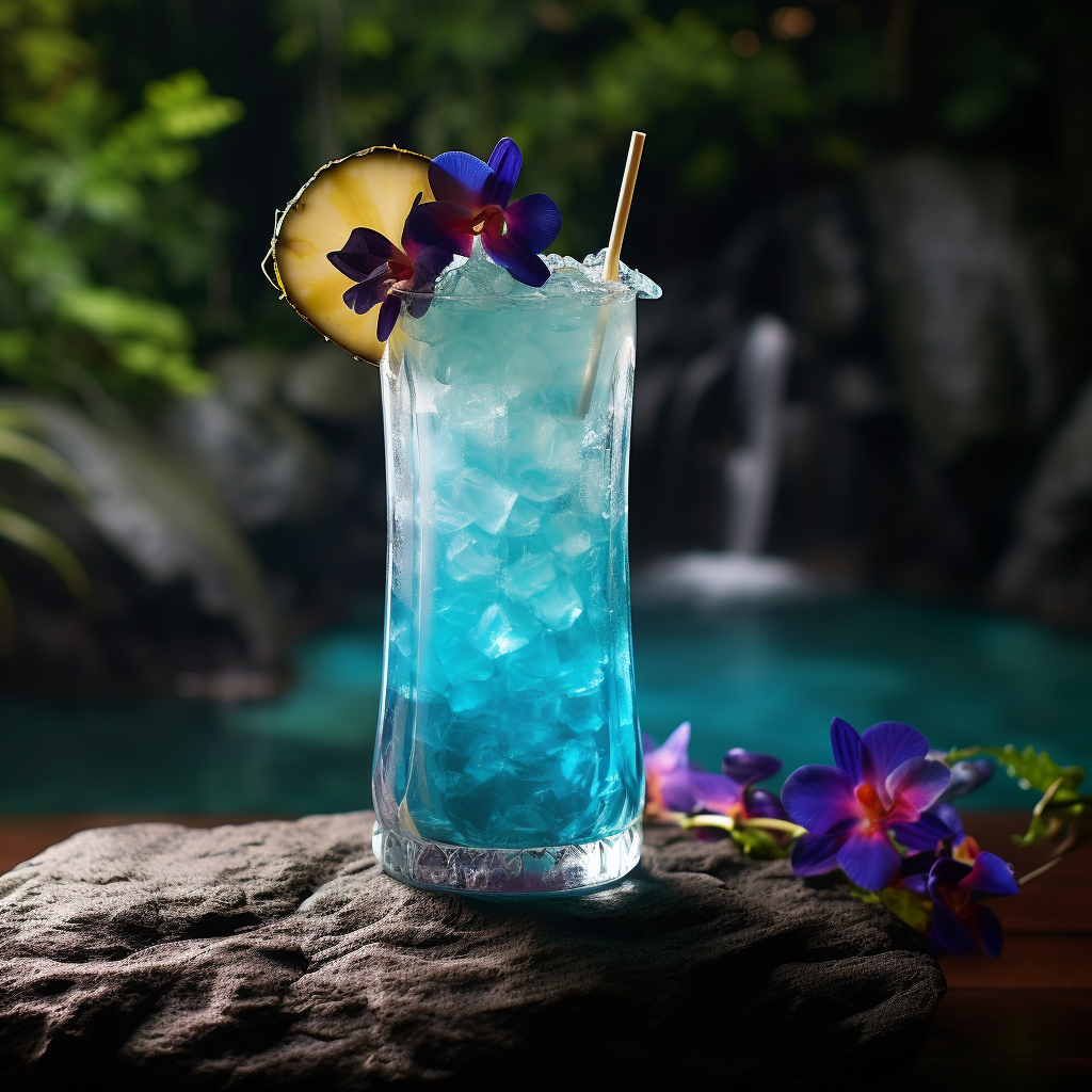 Blue Hawaii Cocktail with Tropical Landscape