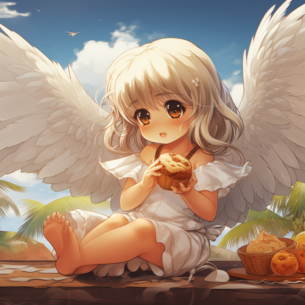 Little girl with wings eating coconut