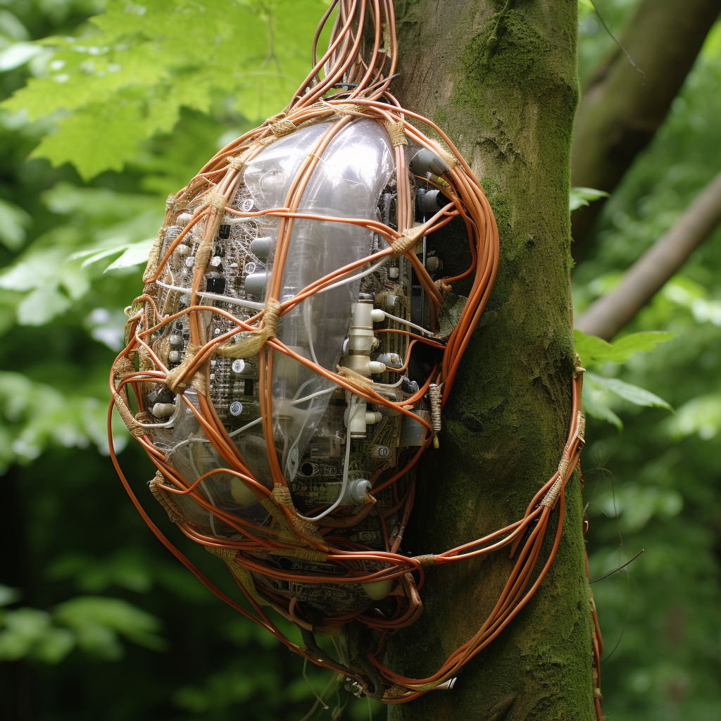 IT hardware and internet cables cocoon on a tree branch