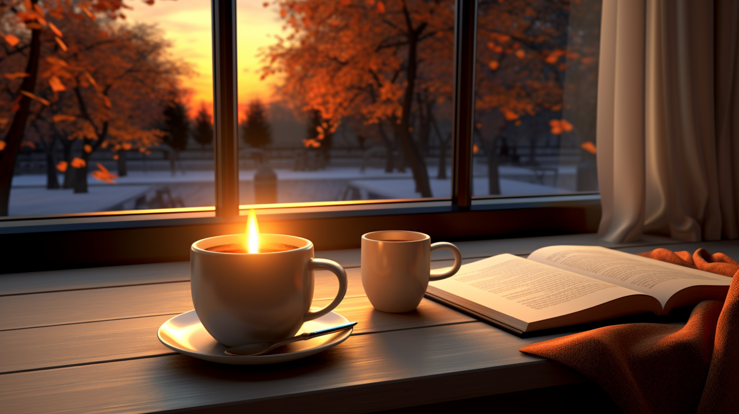 Coffee, book, and unlit candle on relaxing background