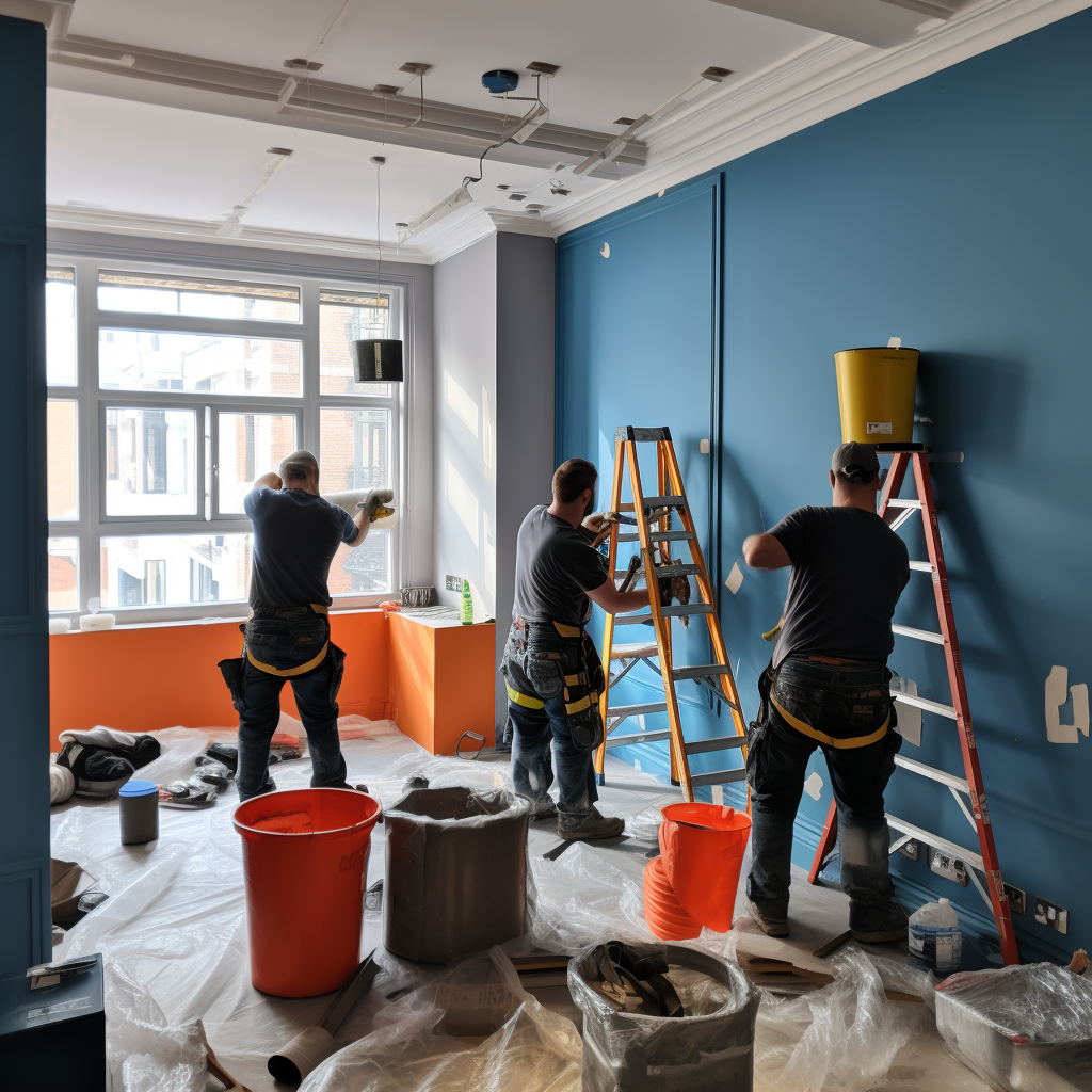 Workers installing coffee corner in office