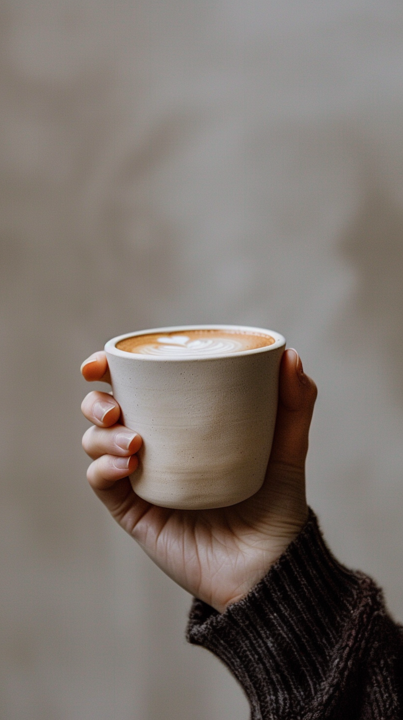 Hand with coffee cup on table