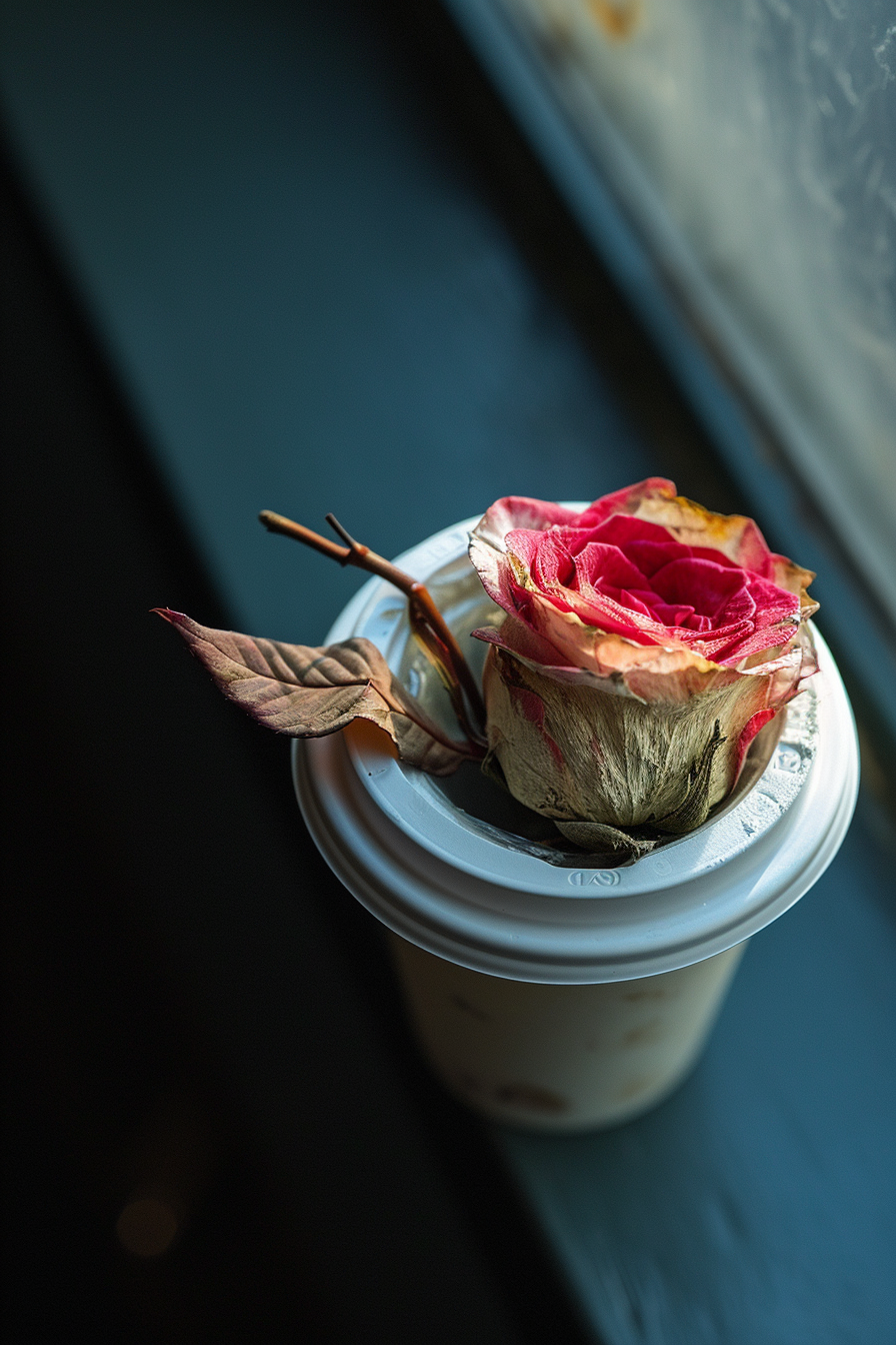 Withered Rose on Coffee Cup Lid