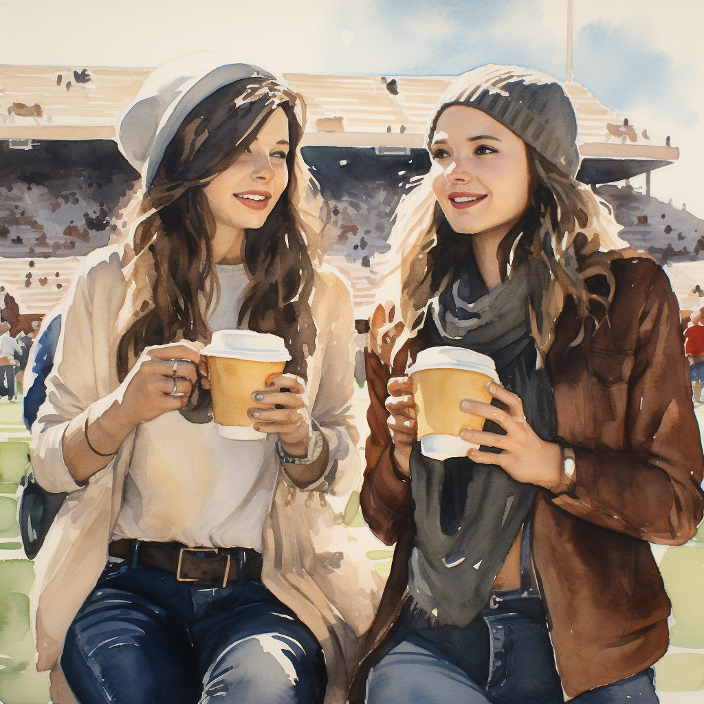 Two women enjoying coffee at a football game