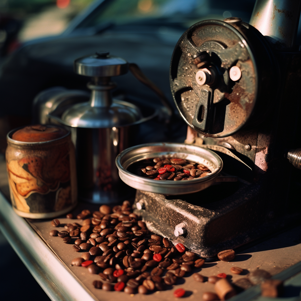 Hand coffee grinder on car wheel