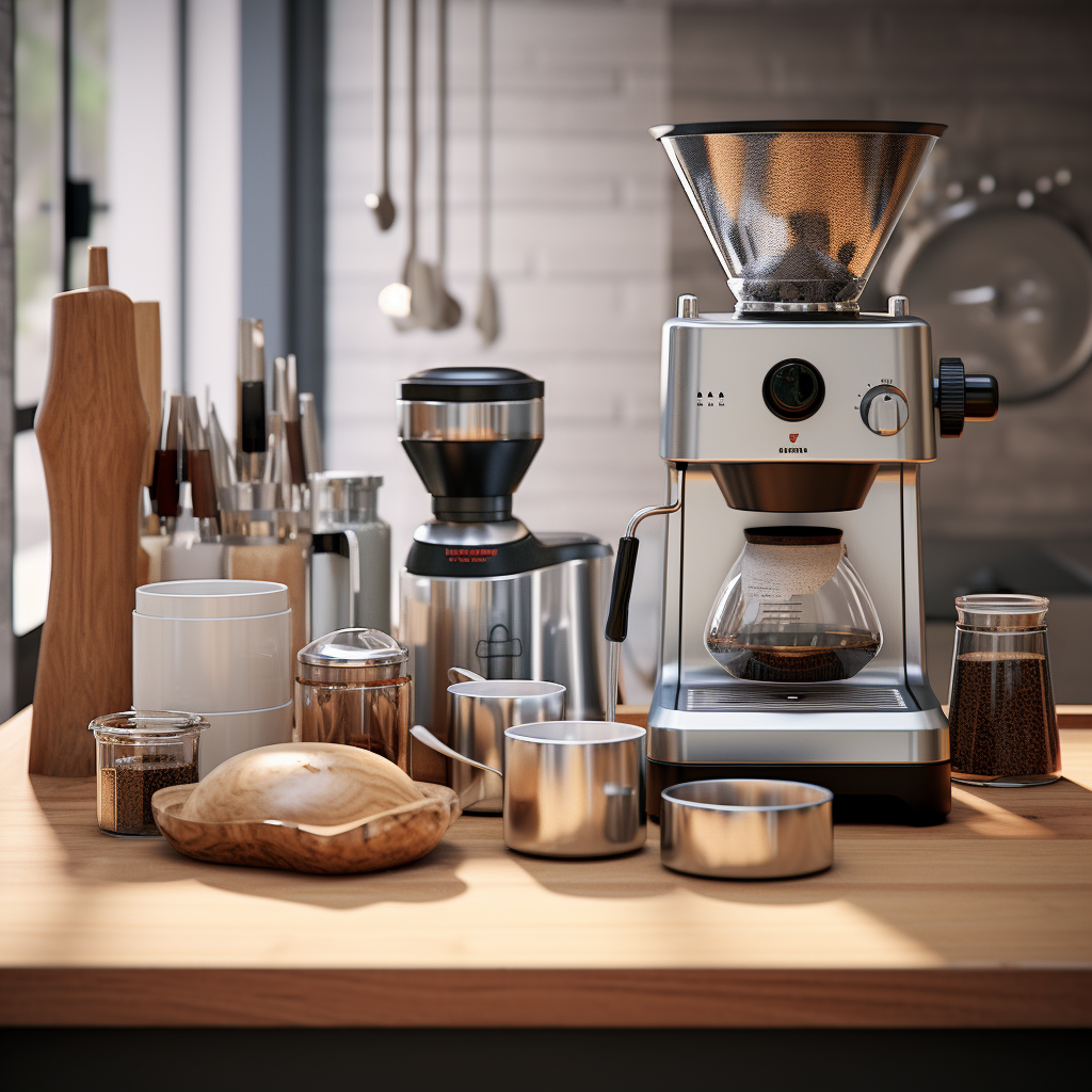 Electric and manual coffee grinder next to espresso machine and brewers