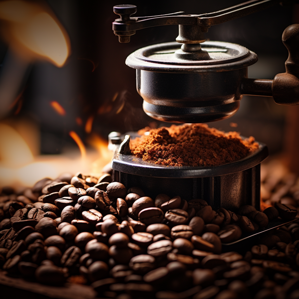 Coffee grinder grinding coffee beans macro