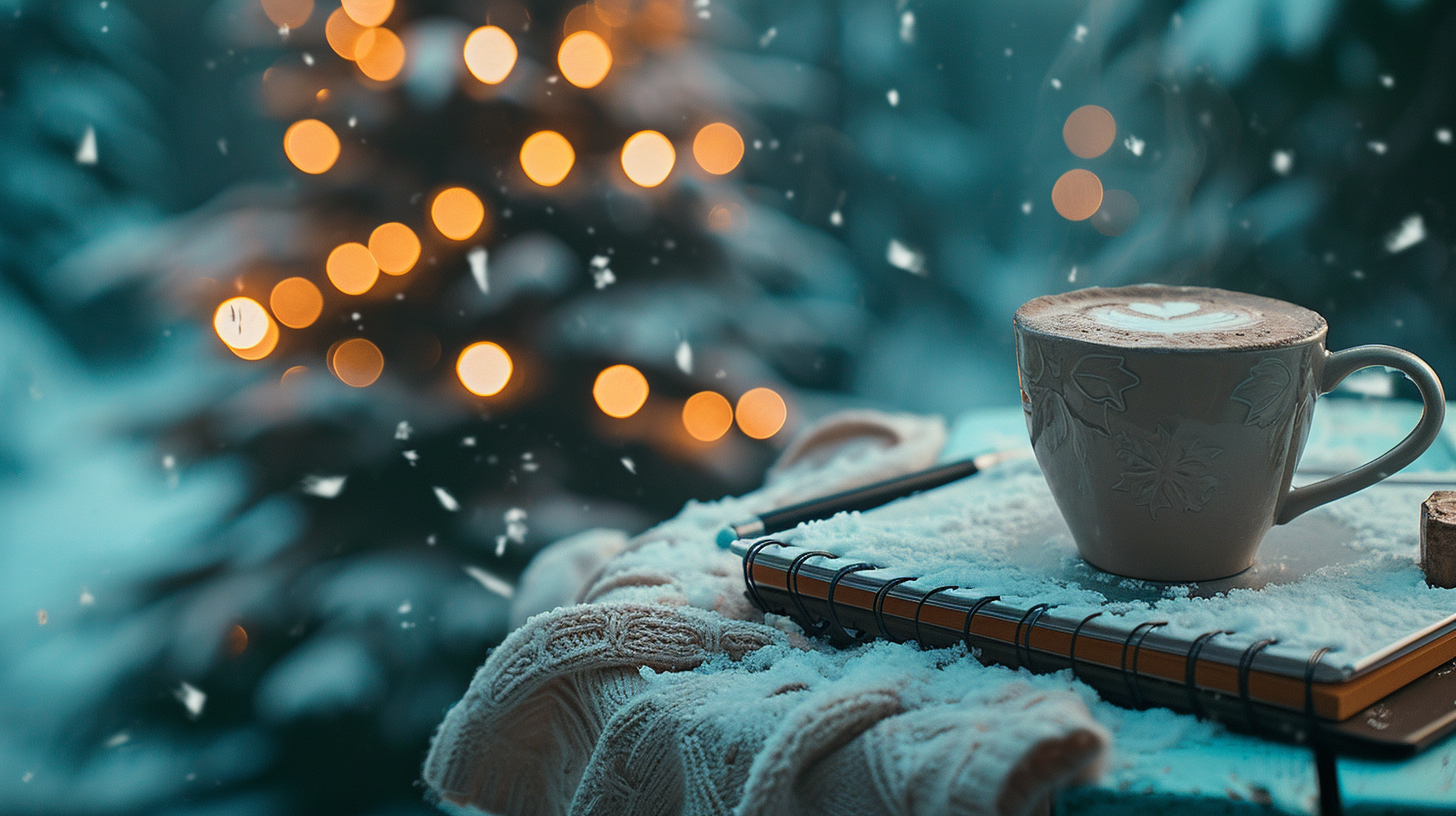 Cup of coffee on snowy forest table