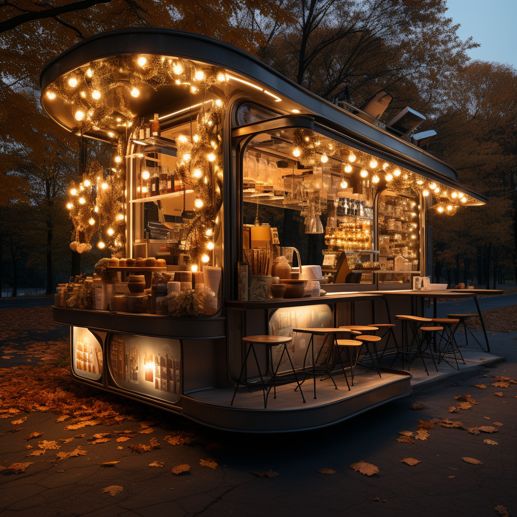 Takeaway coffee point in park with small lamps