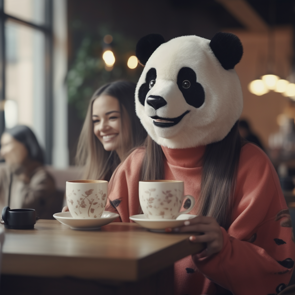 Woman at coffee shop wearing cute panda mask