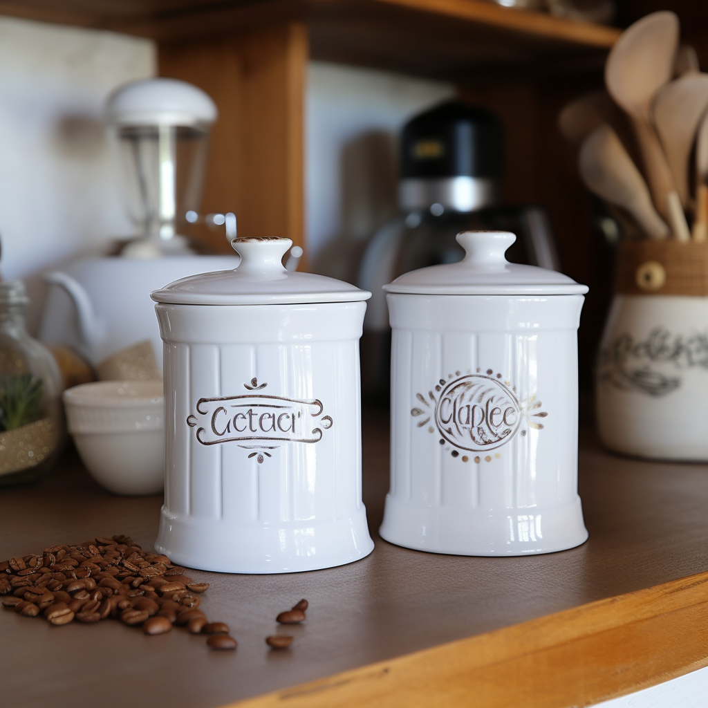 White ceramic coffee and sugar containers in a rustic kitchen