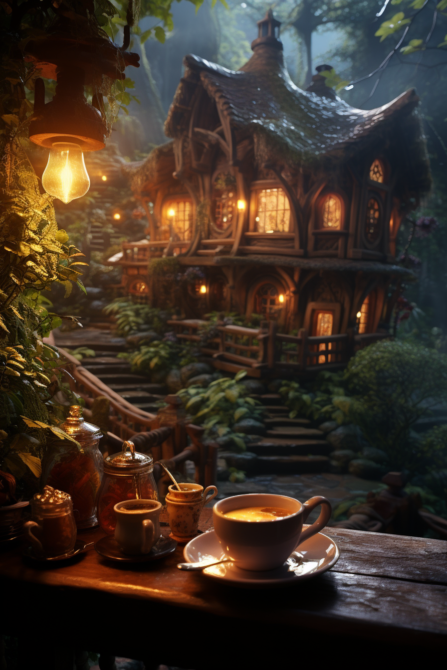 A cup of coffee on a table in a wood elf's house