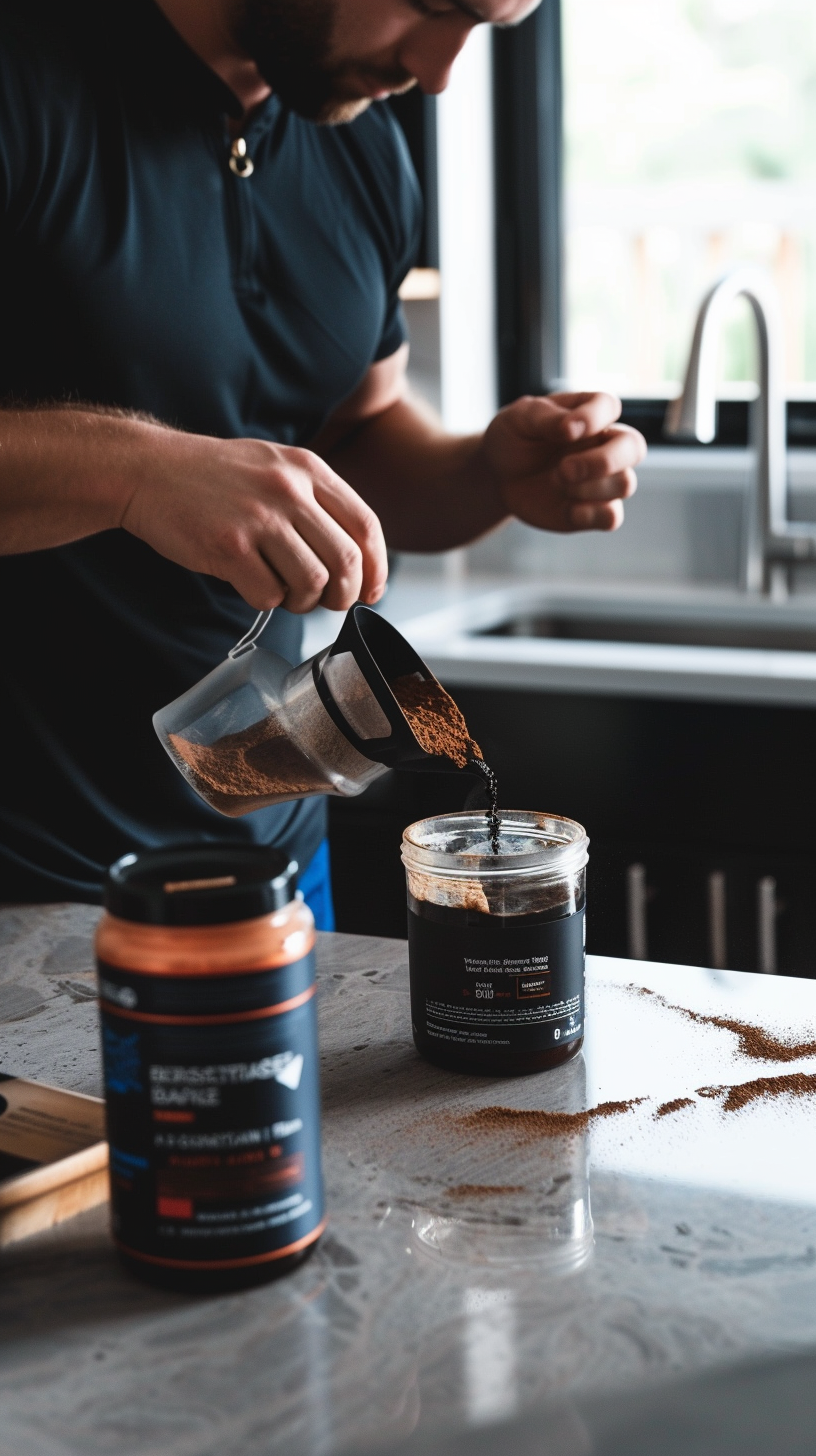 Man pouring coffee testosterone booster on counter