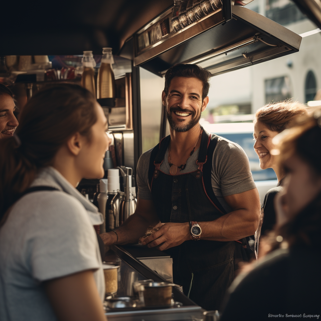 Busy coffee truck with smiling barista serving customers