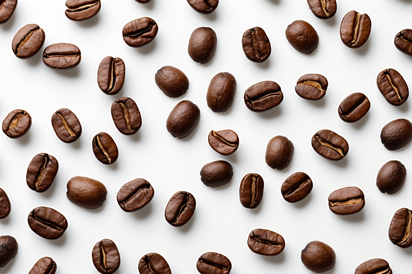 Scattered coffee beans on white background