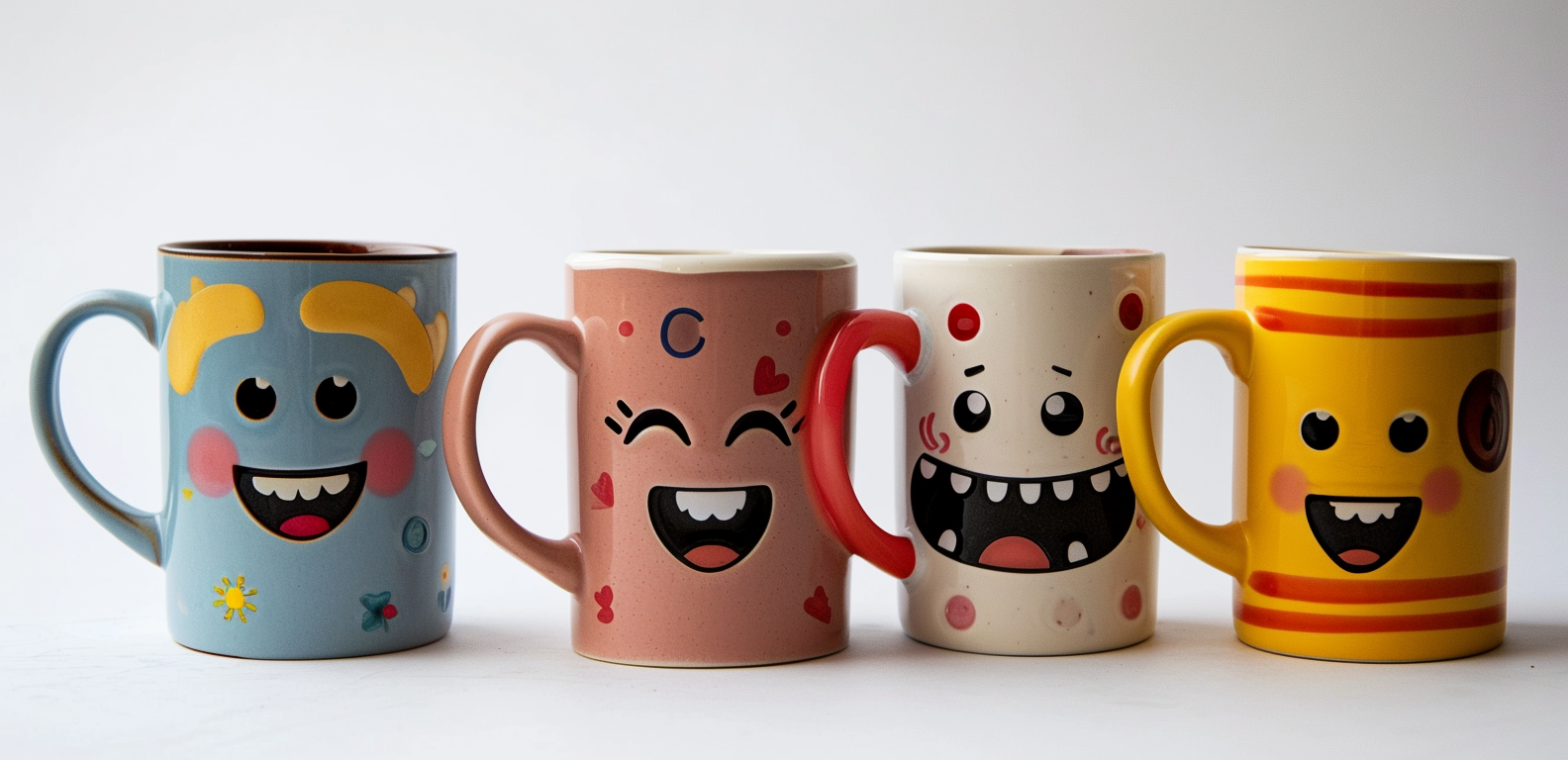 Smiling coffee mug characters on white background