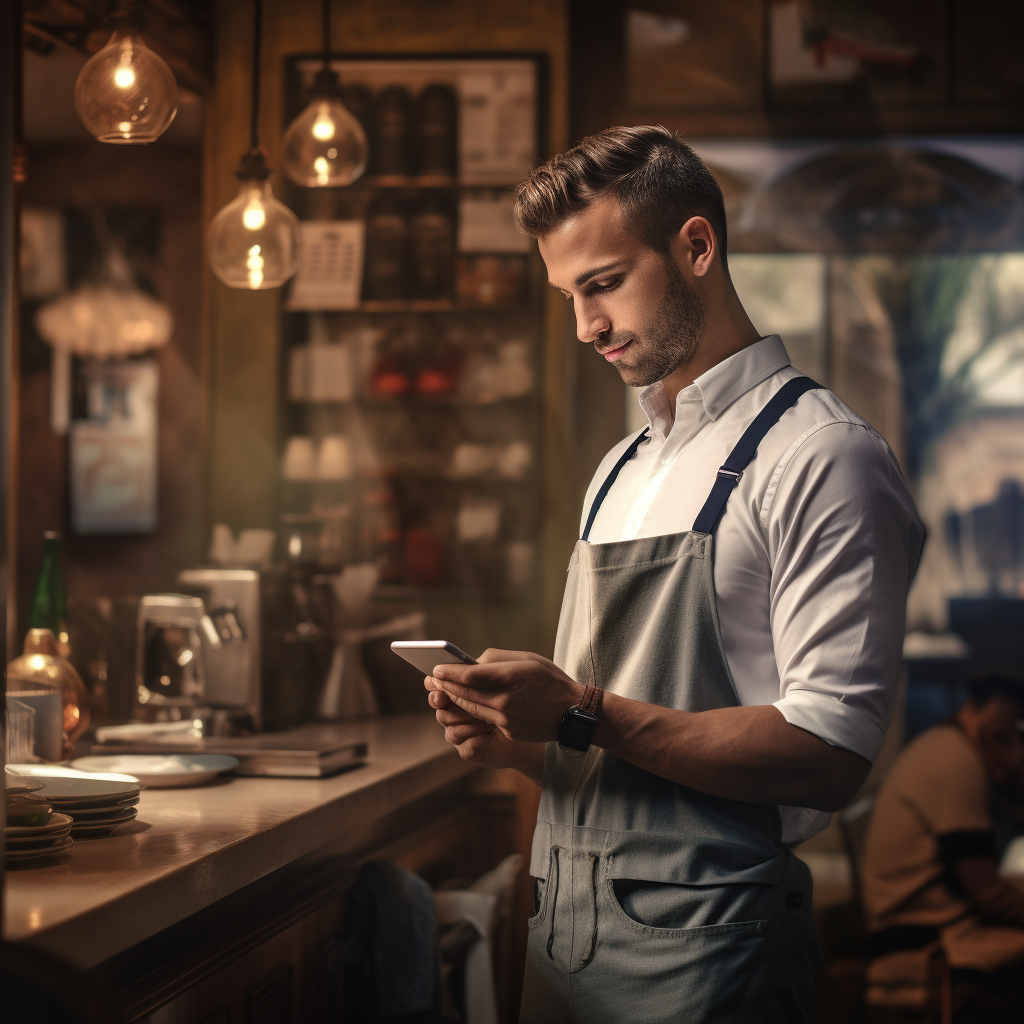 Waiter using smartphone in coffeehouse