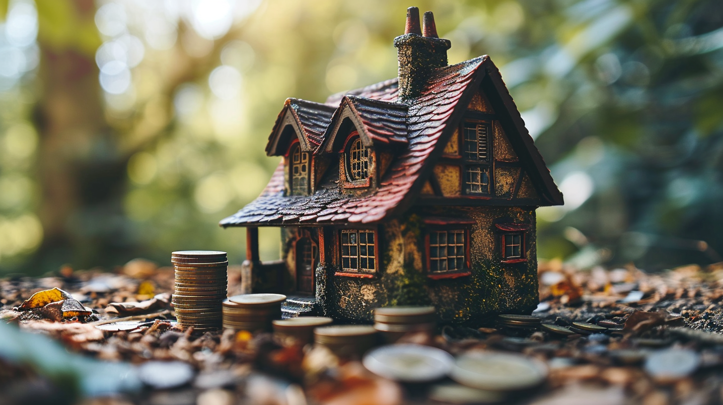 Stack of coins next to toy model house