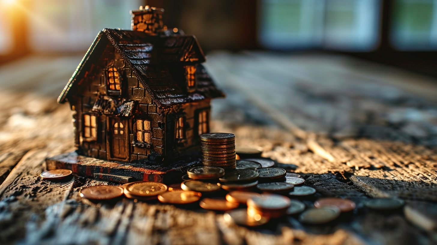 Stack of coins next to a toy model house