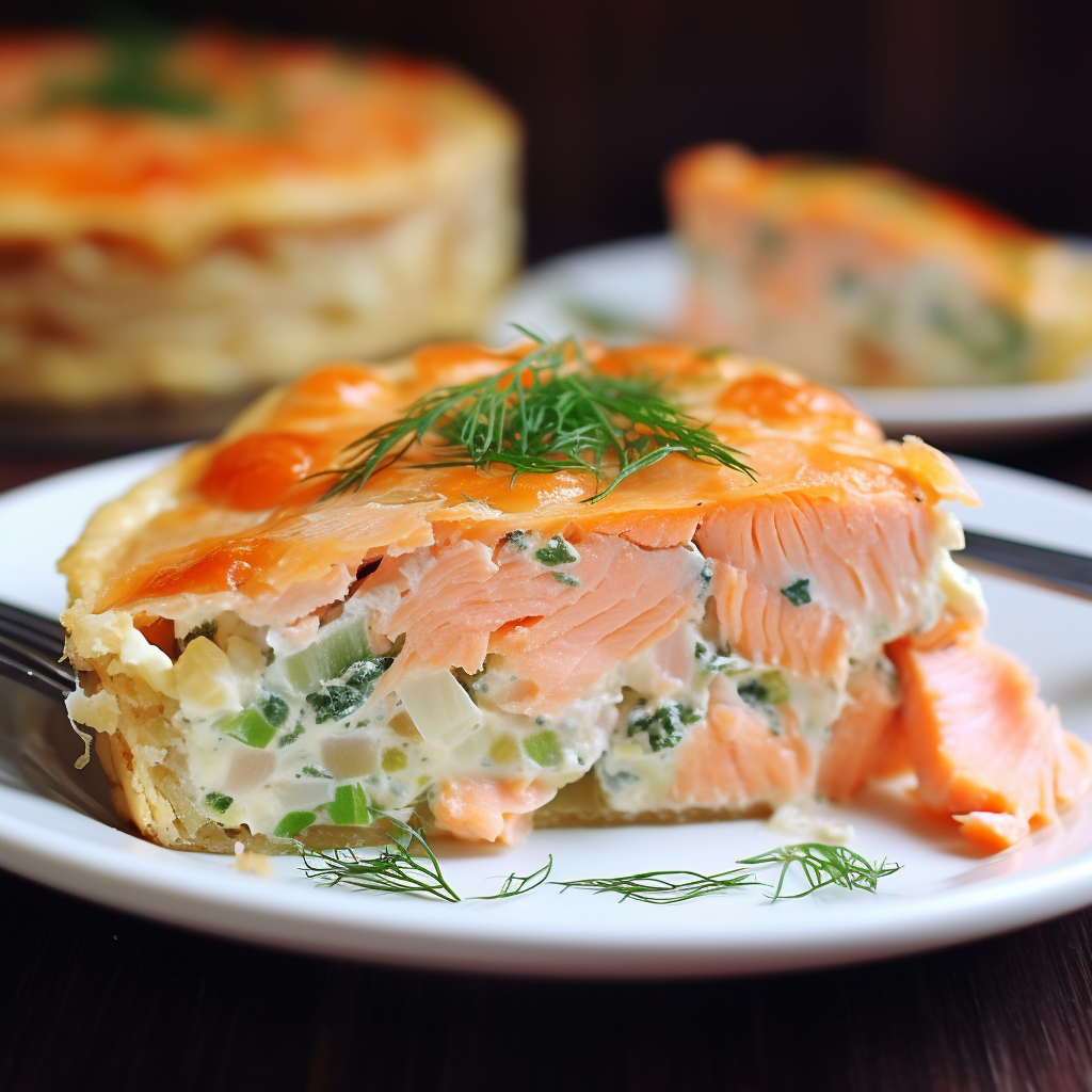 Cold salmon pie topped with fresh herbs