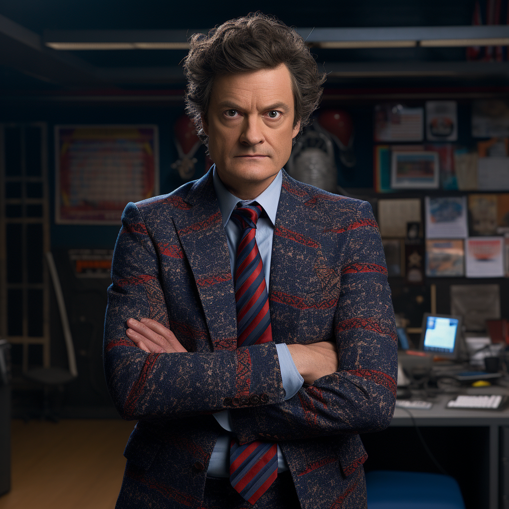 Colin Firth in Spider-Man Costume with Grey Blazer and Wig