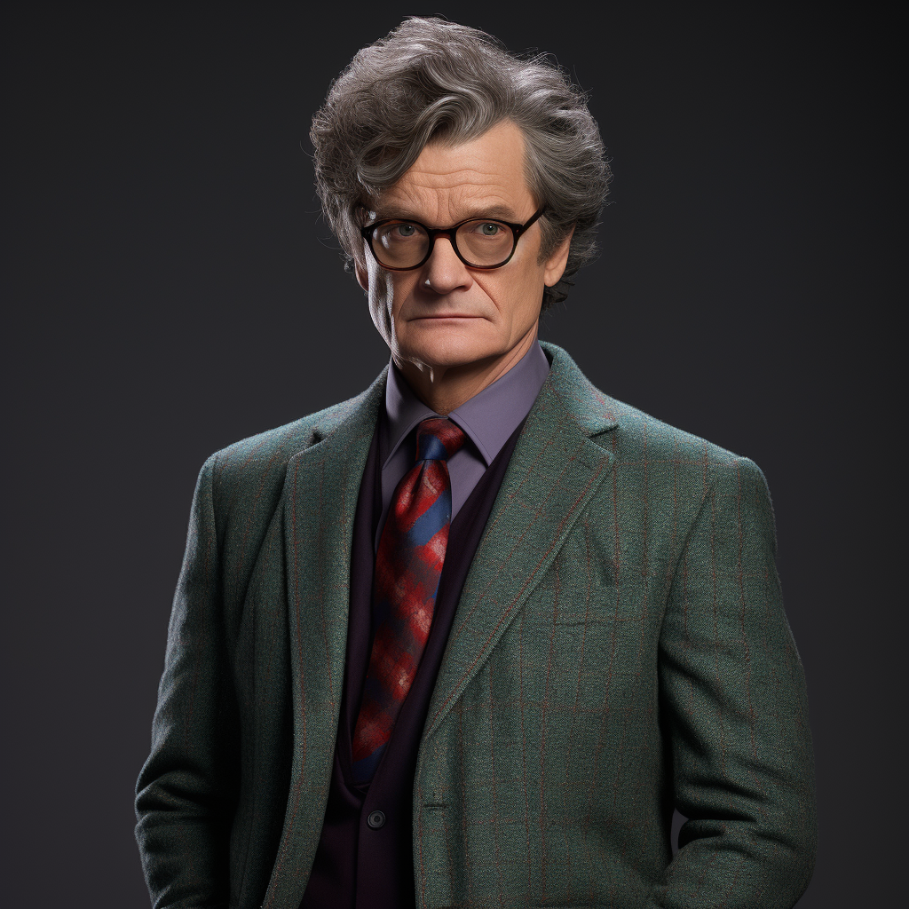 Colin Firth as Spider-Man in funny wig and large gray jacket