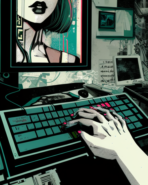 Collage Illustration of Woman Writing on Keyboard with AI Computers