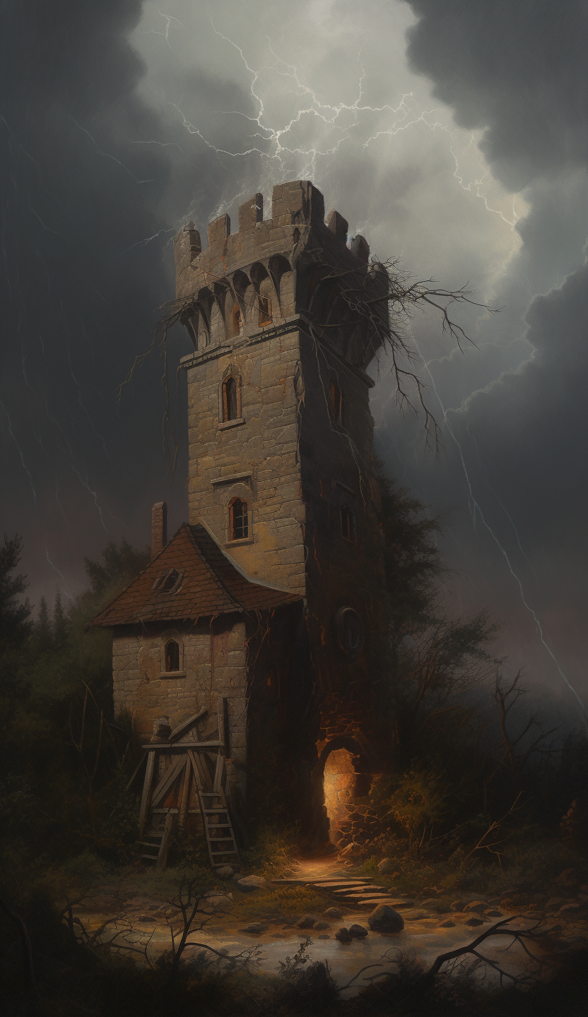 Tower collapsing in thunderstorm