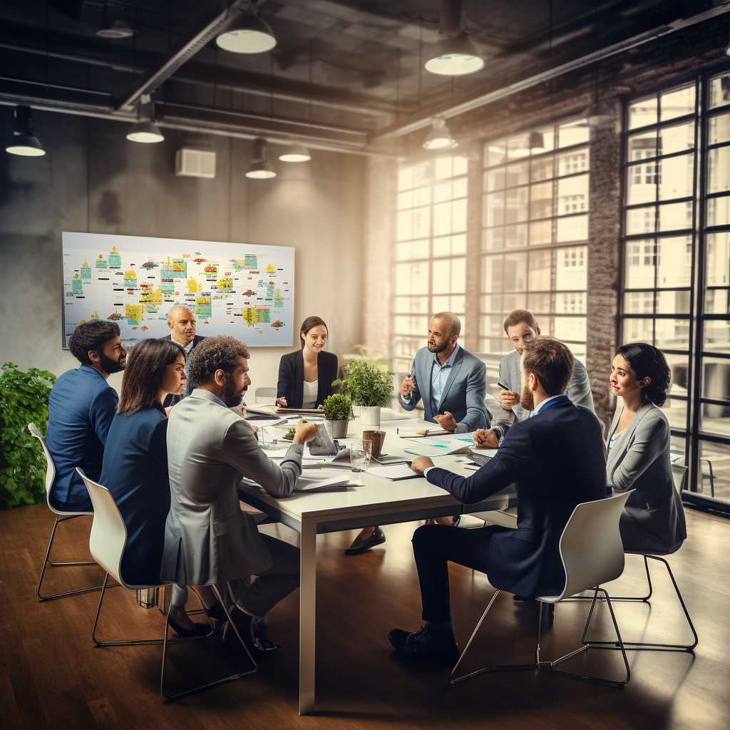 Group of colleagues in business workshop speaking