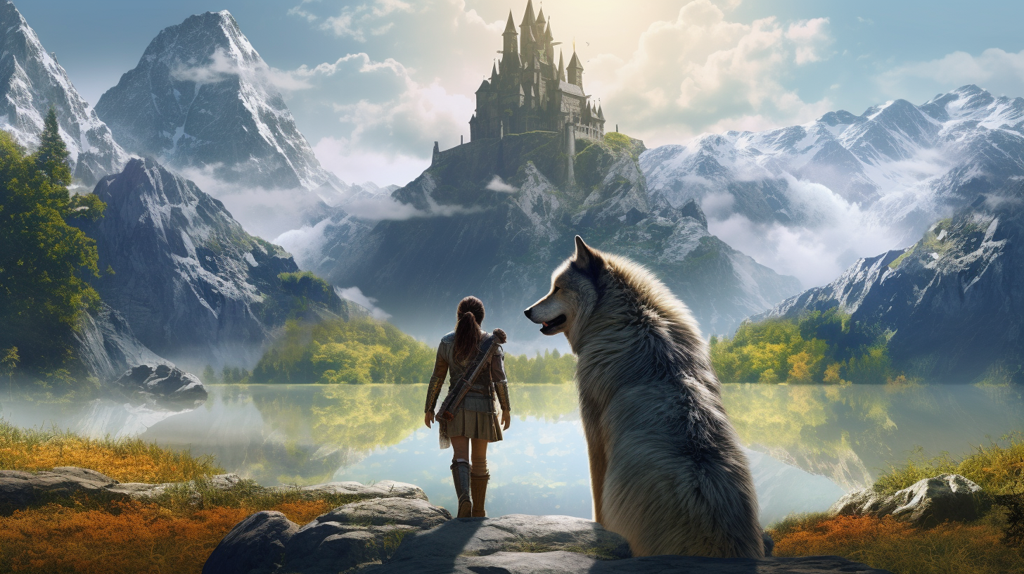 College aged girl and dire wolf in picturesque landscape