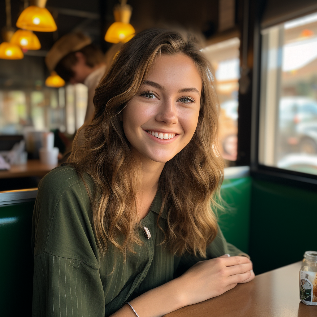 College-aged woman smiling at restaurant