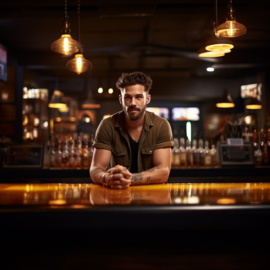 Young bartender serving drinks at a college bar