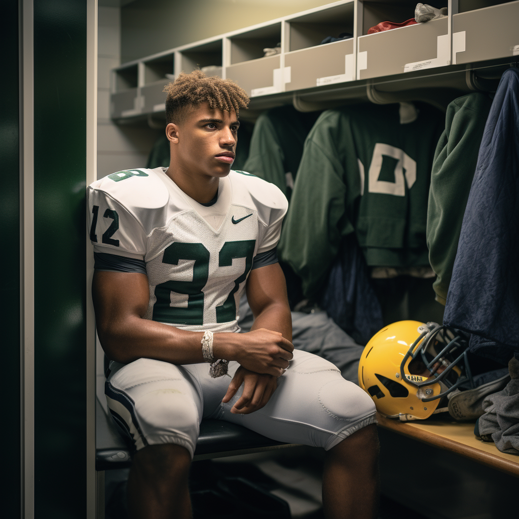 Injured college football player with arm cast