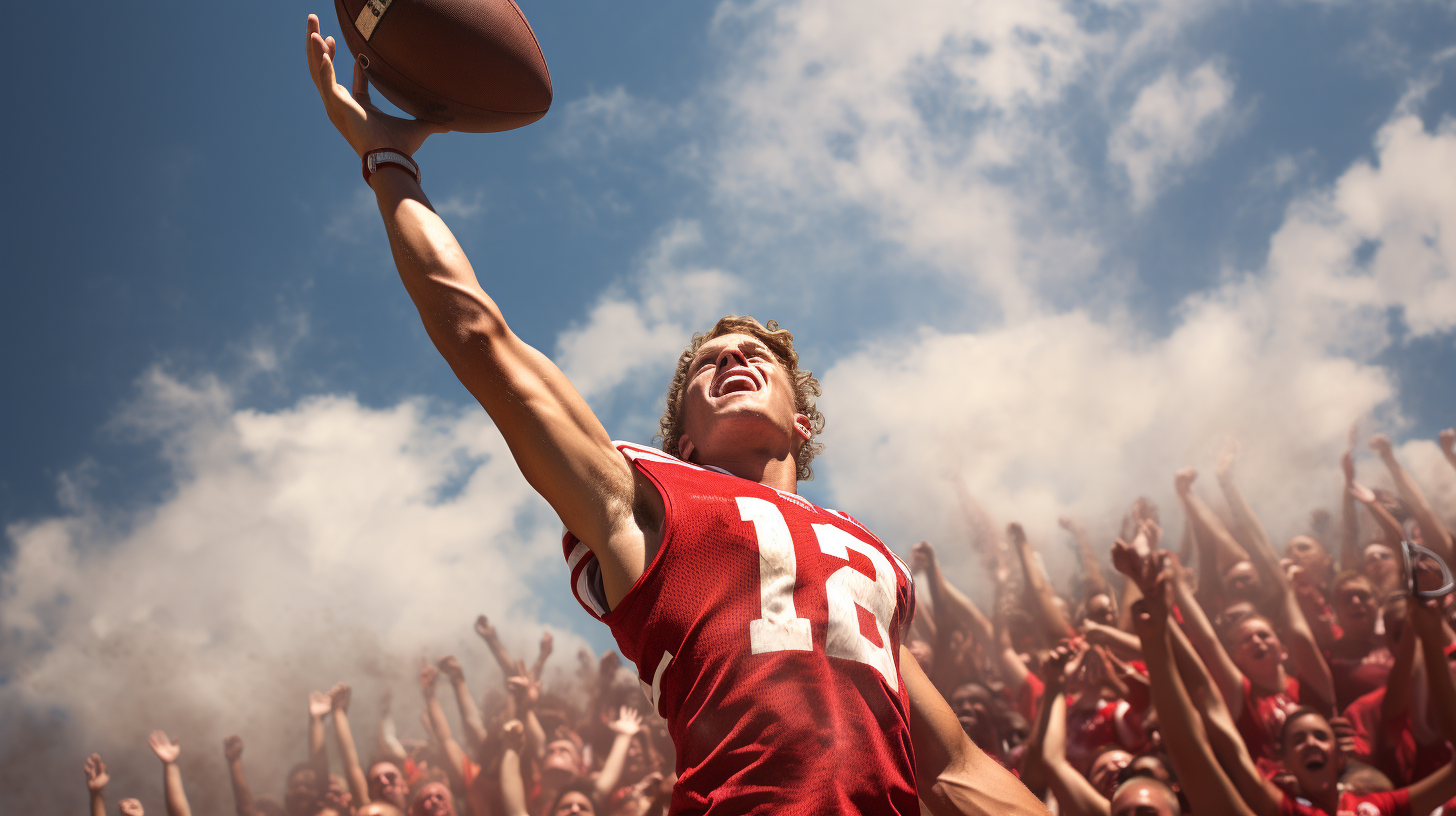 College football players throwing ball in the air