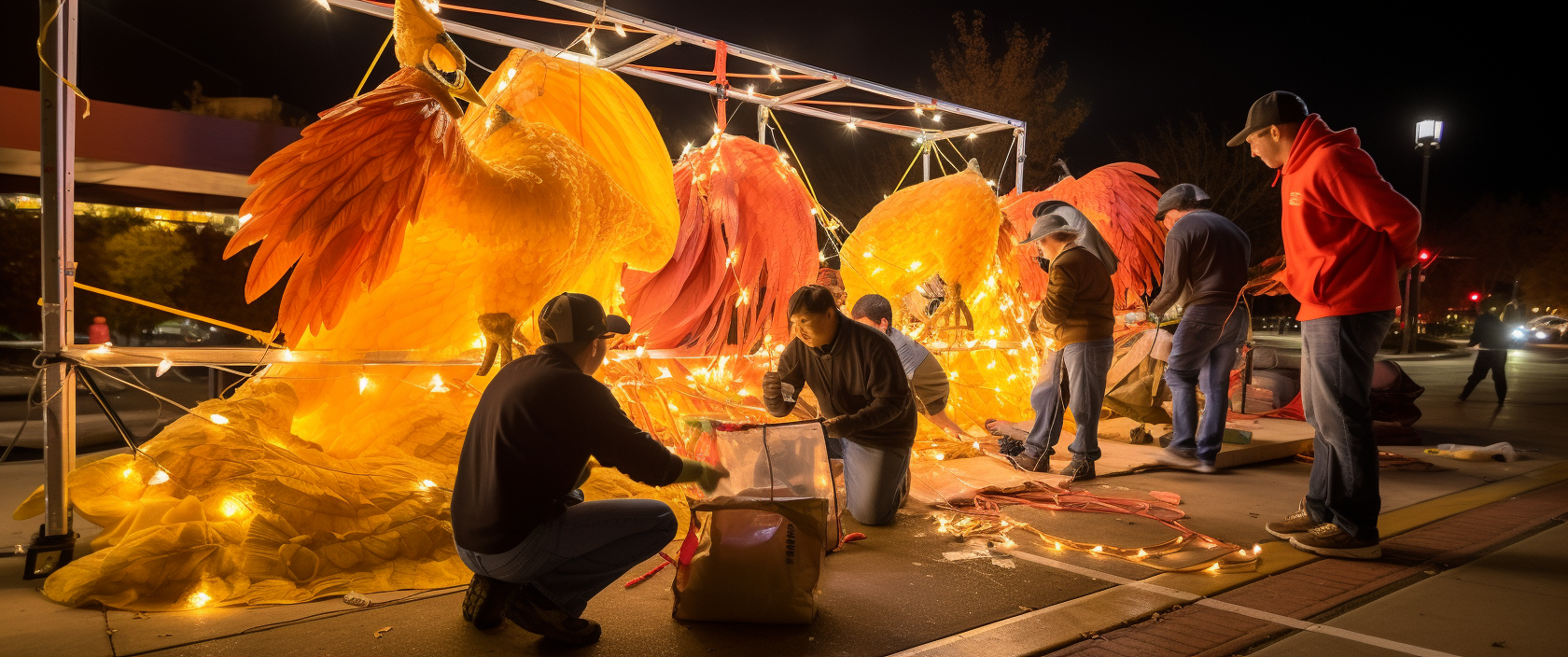 College fraternity students building homecoming float