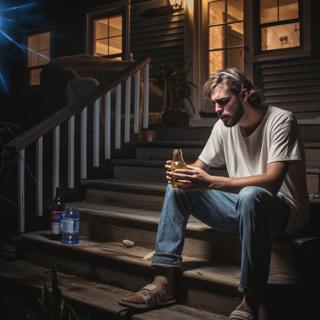 A college guy overwhelmed by drinks on porch