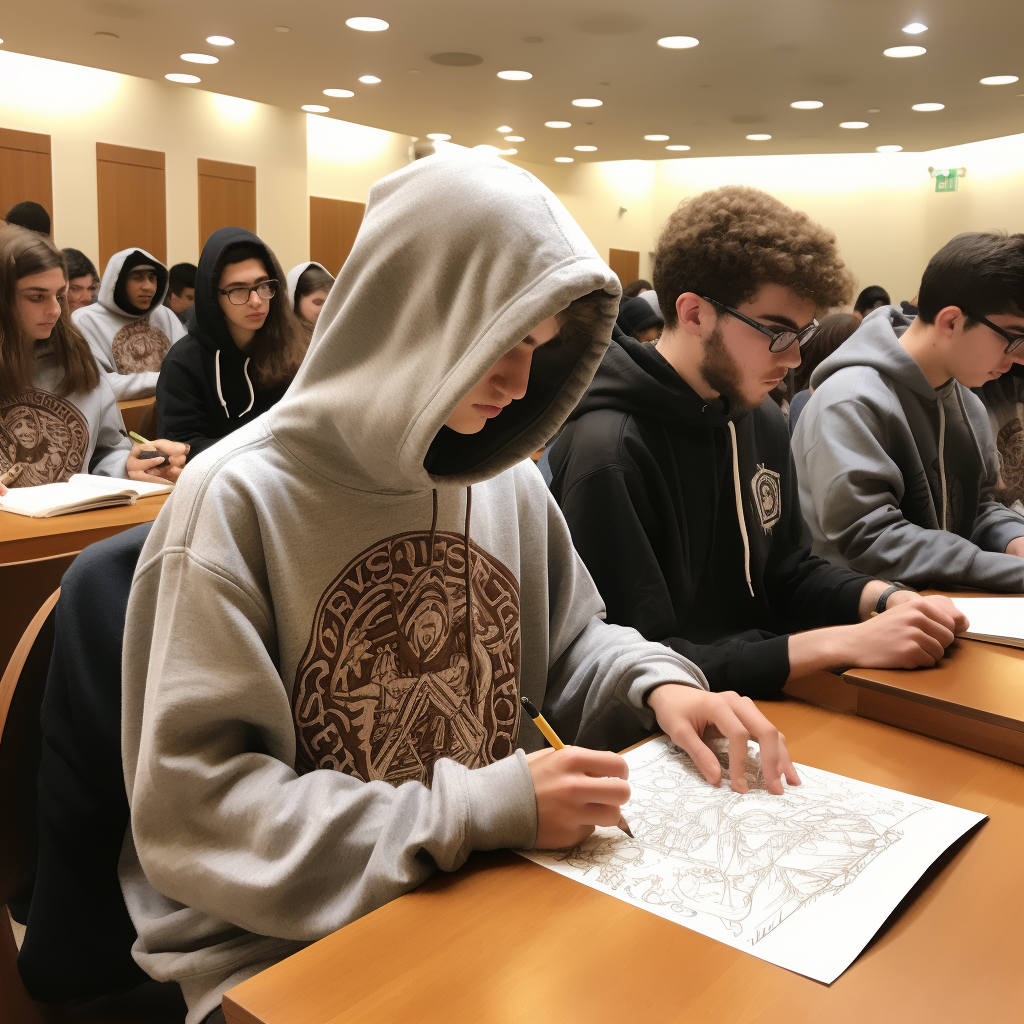 College kids learning Artscroll Gemara in hoodies