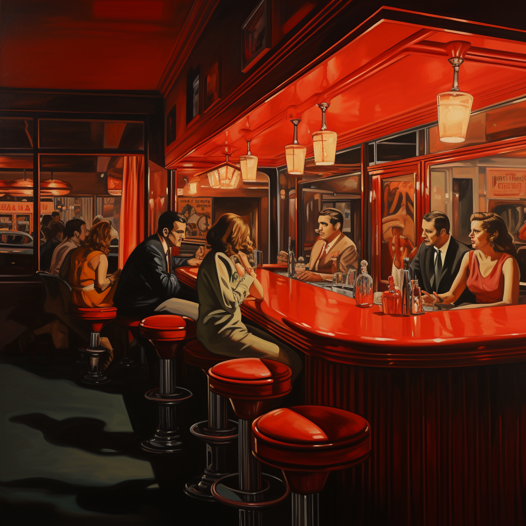 Lively college bar with red ambiance