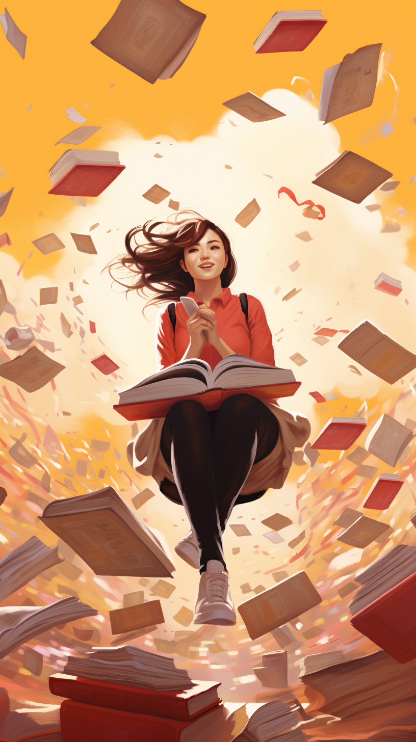 College books flying on red and yellow background